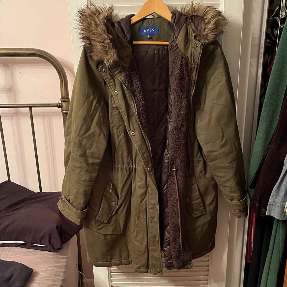 Apt. 9 Women's Green Utility Jacket with Faux Fur Detachable Hood